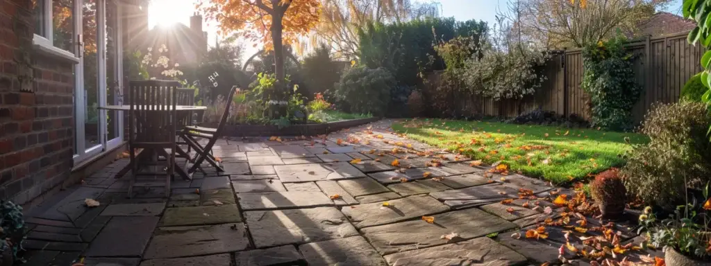 A beautifully built patio in a residential garden in Prittlewell, England, capturing the transition of seasons. The image is divided into four sections, each representing a different time of year: spring with blooming flowers, summer with bright sunshine and a seating area, autumn with golden leaves scattered on the patio, and winter with a light frost or misty morning. The patio is made of natural stone, well-maintained, and surrounded by a neatly kept lawn and fencing. The scene should feel inviting and realistic, showing how a patio can be enjoyed in all seasons.