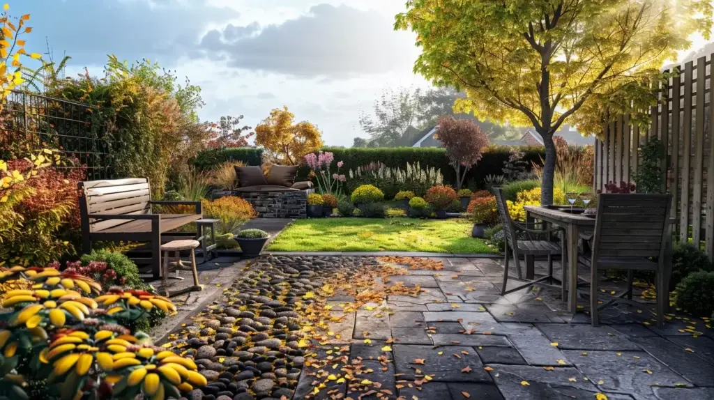 A beautifully built patio in a residential garden in Prittlewell, England, capturing the transition of seasons. The image is divided into four sections, each representing a different time of year: spring with blooming flowers, summer with bright sunshine and a seating area, autumn with golden leaves scattered on the patio, and winter with a light frost or misty morning. The patio is made of natural stone, well-maintained, and surrounded by a neatly kept lawn and fencing. The scene should feel inviting and realistic, showing how a patio can be enjoyed in all seasons.